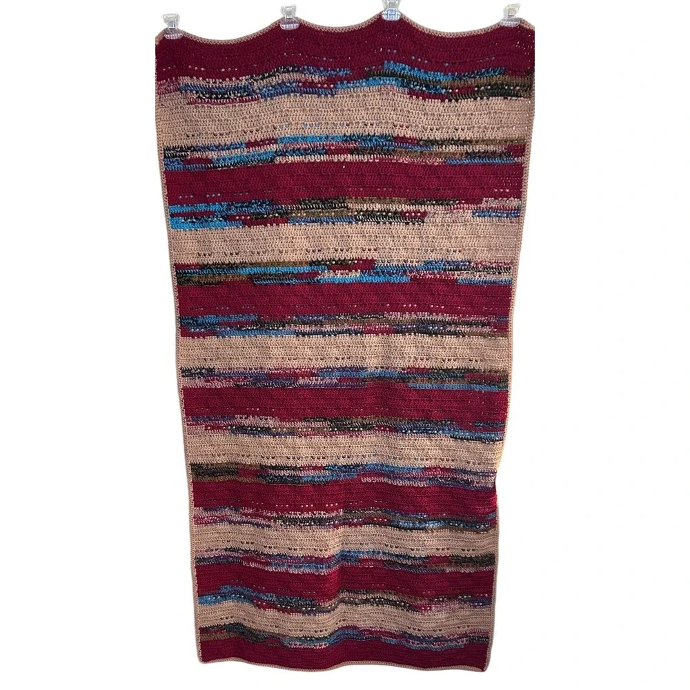 Handmade Crochet Burgundy Teal Taupe Throw Afghan Blanket Stripe Geo 33
